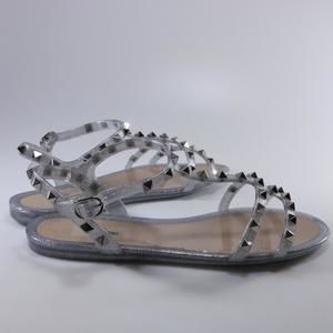 Silver Clear Rockstud Jelly Strappy PVC Flat Glitter Sandals D318